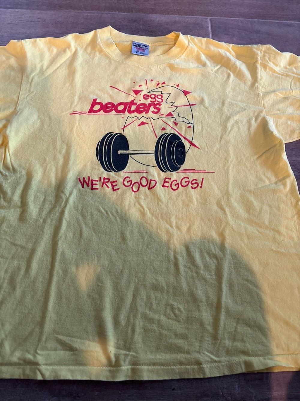 Vintage ONEITA Egg Beaters T Men’s XL Yellow Cotton Knit Graphi